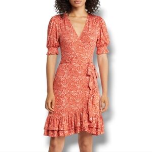 Boden Ruffle Coral Orange Jersey Wrap Dress Paisley Floral‎ New 14R